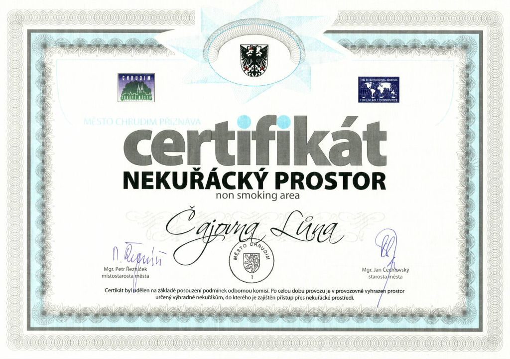 Město Chrudim certifikovalo nekuřácké provozovny